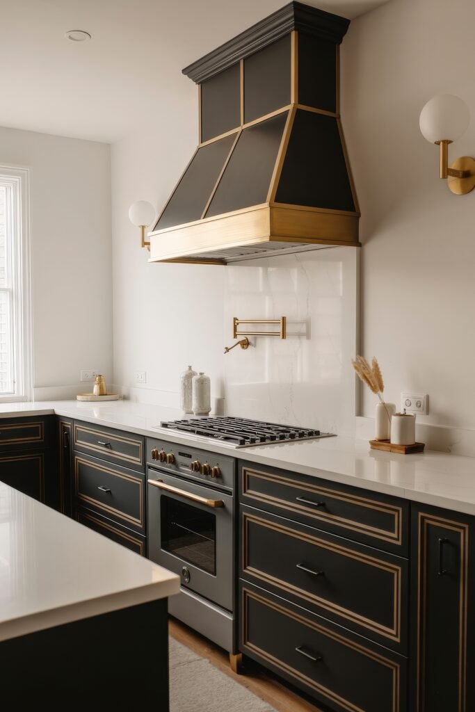 Stunning Ways to Style Black Kitchen Cabinets 20 Elegant black kitchen with white quartz countertops, black kitchen cabinets framed in gold trim, and a statement range hood with matching gold details, complemented by minimalist decor and brass fixtures.