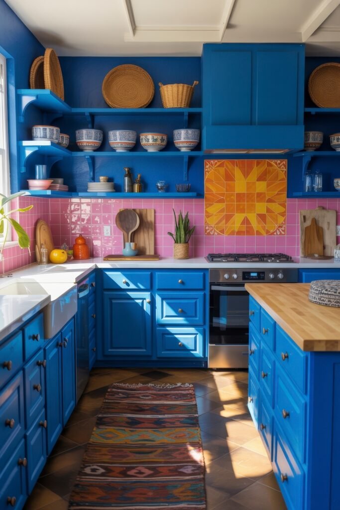 Inspiring Looks for Blue Kitchen Cabinets in Every Style 19 Bold and colorful kitchen with bright blue kitchen cabinets, pink tile backsplash, open shelving with decorative bowls, and a yellow-orange sunburst tile mural.