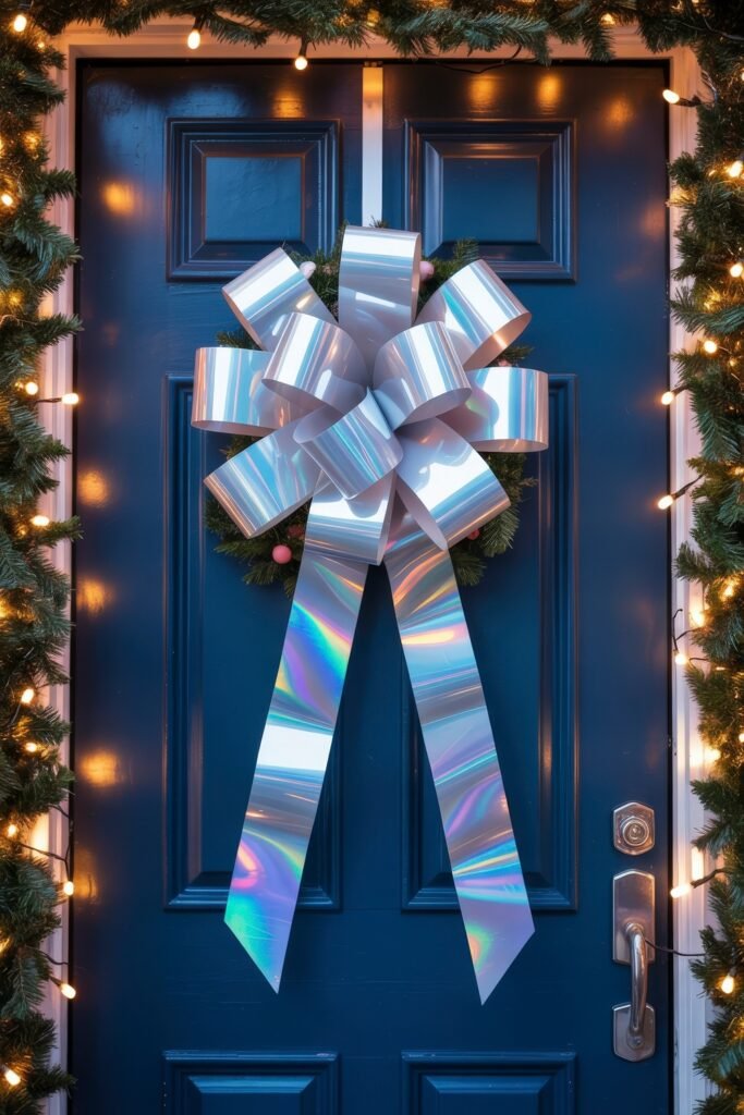 Front Door Cheer: Christmas Door Decorations Outdoor Ideas 19 A navy-blue door framed with lit garland, showcasing a dramatic iridescent silver bow as the focal point for bold holiday curb appeal.