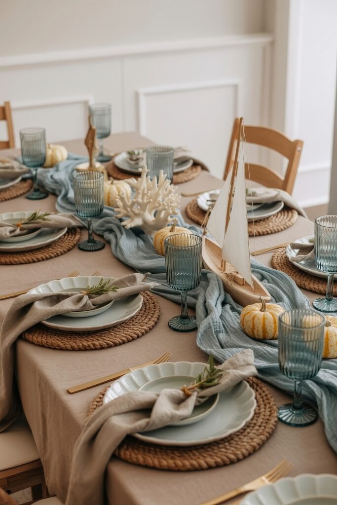 Breezy Blues & Driftwood Accents: Coastal Thanksgiving Tablescapes 14 Nautical-themed Thanksgiving table decorated with a miniature sailboat, faux coral, striped pumpkins, and blue goblets, set atop a gauzy blue runner and rope placemats.