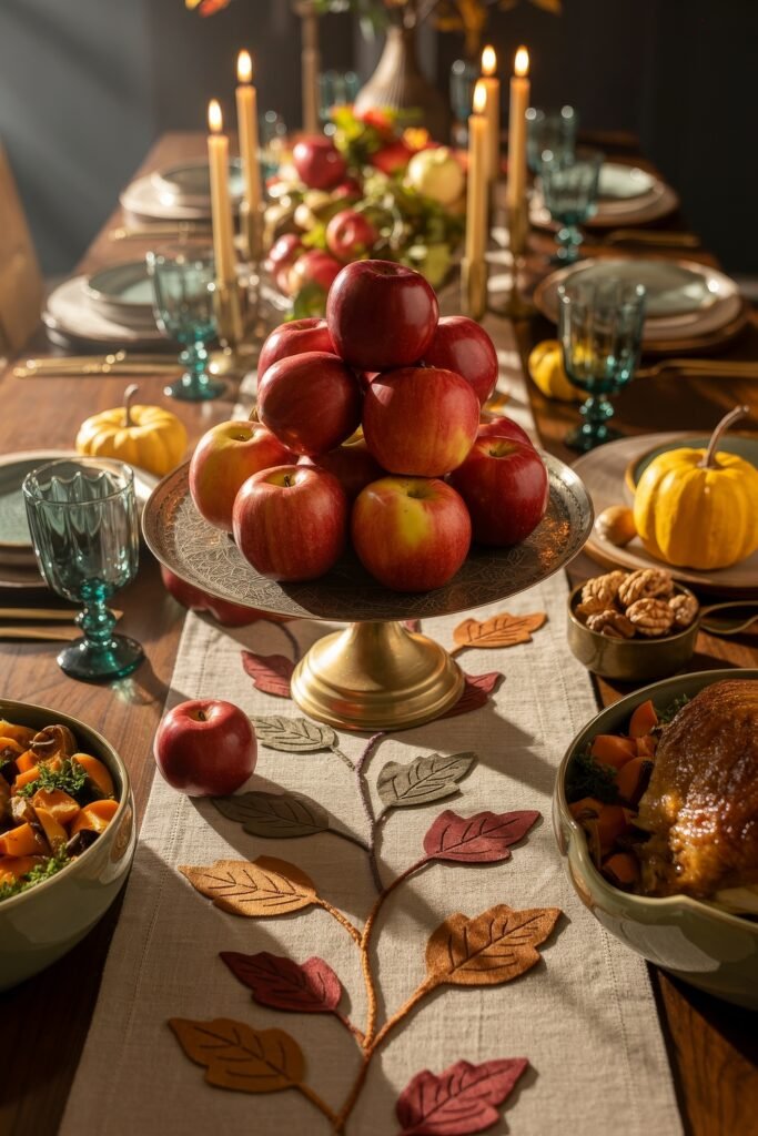Effortless Harvest Table Looks: Thanksgiving Tablescapes Simple & Chic 17 Classic Thanksgiving table with teal goblets, gold utensils, and a striking centerpiece of fresh red apples on a golden pedestal, surrounded by taper candles, pumpkins, and side dishes.