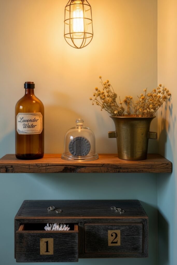 Gorgeous Ways to Elevate Your Bathroom Shelf Decor 18 Softly lit vintage bathroom with amber and brass accents, featuring a rustic floating shelf styled with dried yellow flowers, a lavender water bottle, and a black soap under a glass cloche, above black wooden drawers labeled 1 and 2.