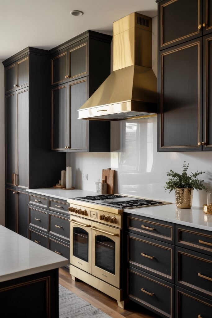 Stunning Ways to Style Black Kitchen Cabinets 21 Sophisticated kitchen featuring black kitchen cabinets with gold trim, a matching gold range and hood, and white quartz countertops, blending classic elegance with modern luxury.
