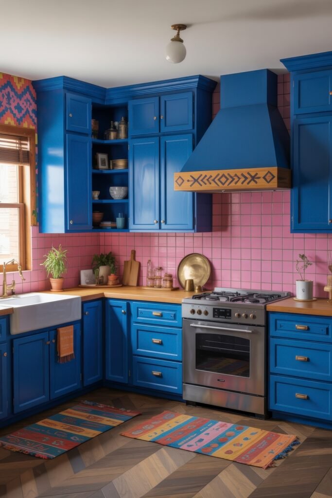 Inspiring Looks for Blue Kitchen Cabinets in Every Style 20 Eclectic kitchen with vibrant blue cabinets, pink tiled walls, geometric range hood accent, warm wooden countertops, and patterned rugs on herringbone flooring.