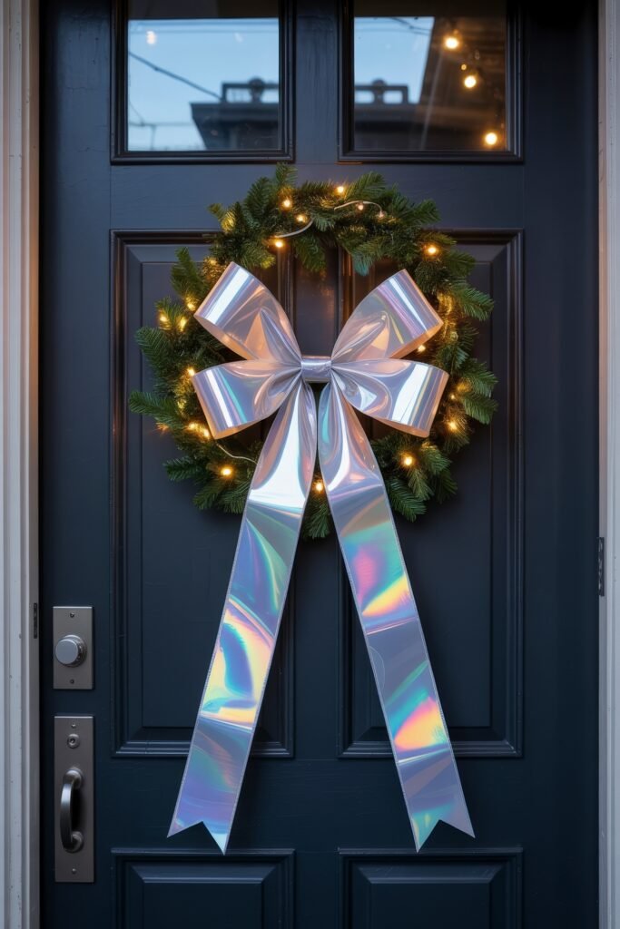 Front Door Cheer: Christmas Door Decorations Outdoor Ideas 20 A festive front door featuring a wreath of evergreen and lights, topped with a large holographic silver bow for a bright and modern holiday statement.