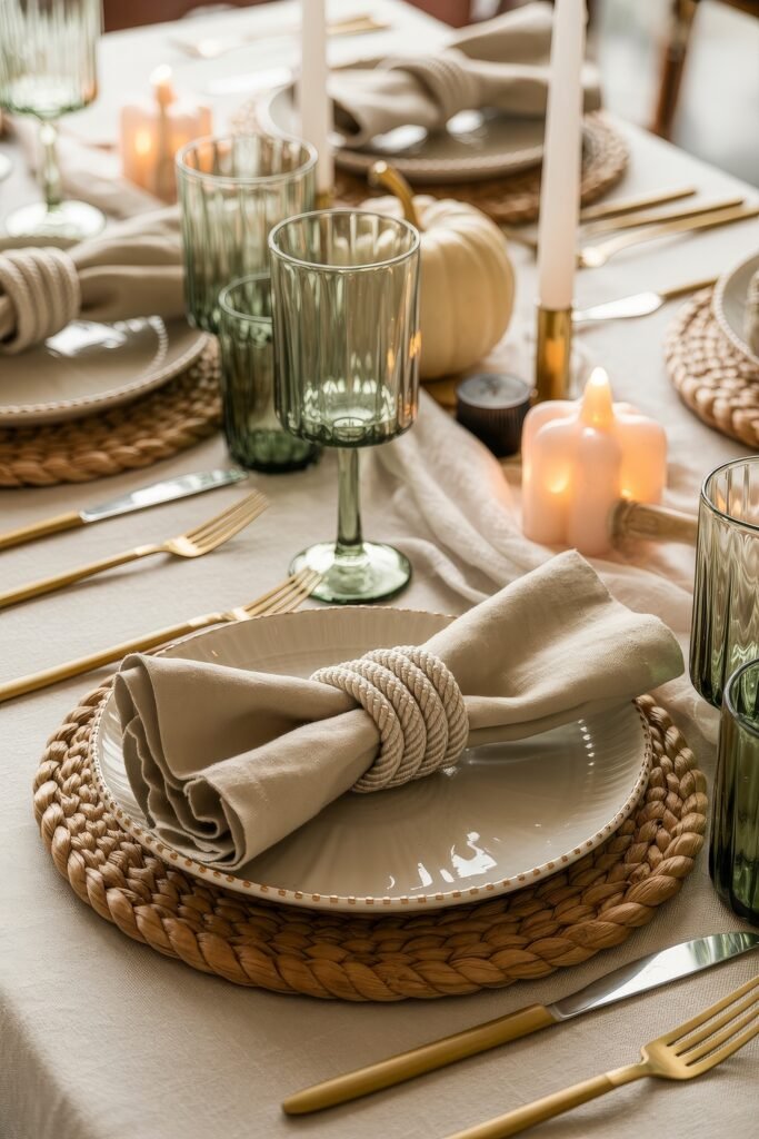 Breezy Blues & Driftwood Accents: Coastal Thanksgiving Tablescapes 15 Refined coastal Thanksgiving setting with beige linens, woven placemats, sage green glassware, rope napkin rings, and soft candlelight for a warm and natural atmosphere.