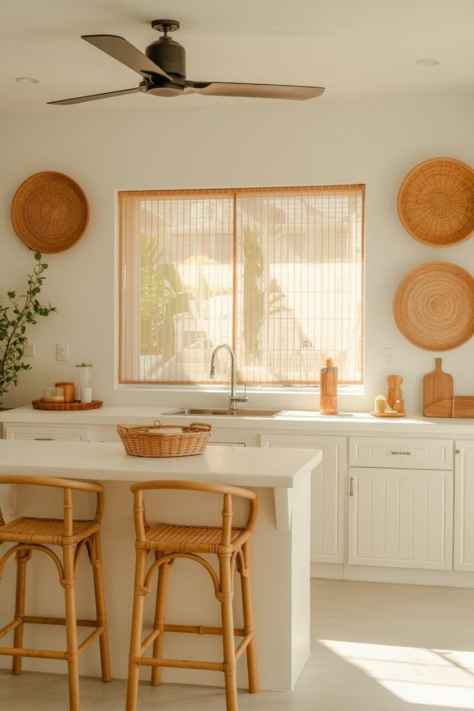 Inspiring Styles to Refresh Your White Kitchen Cabinets 16 Minimalist coastal kitchen with white cabinetry, wicker decor on the walls, and bamboo blinds, creating a calm, sunlit atmosphere.