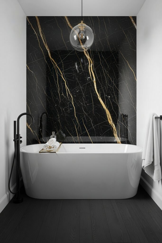 Creative Ways to Elevate Your Bathroom Wall Decor 18 Dramatic bathroom with a freestanding white tub, bold black marble wall with gold veining, and matte black fixtures, delivering a striking, luxurious centerpiece.