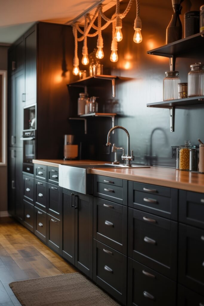 Chic Ways to Style a Modern Black Kitchen 17 Warm modern black kitchen with rope-hung exposed light bulbs, black shaker cabinets, wood countertops, and open shelving displaying glass jars and everyday items.