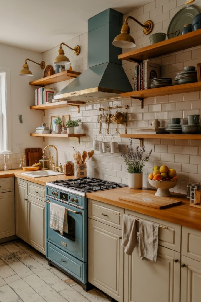 Rustic‑Modern Kitchen Ideas for Warm, Sleek Style 15 Eclectic rustic modern kitchen with cream cabinets, wood countertops, a vintage blue stove, and open shelving filled with colorful dishes and cookbooks.