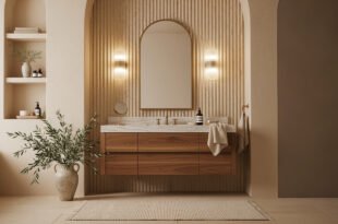 Minimalist bathroom featuring warm neutral tones, a floating wooden vanity with a marble countertop, an arched mirror, ribbed wall texture, and soft lighting—an elegant example of modern bathroom decor ideas.