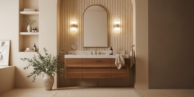 Minimalist bathroom featuring warm neutral tones, a floating wooden vanity with a marble countertop, an arched mirror, ribbed wall texture, and soft lighting—an elegant example of modern bathroom decor ideas.