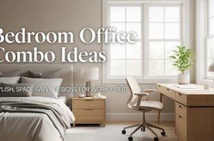 Bright, neutral-toned bedroom with a large window, upholstered bed, and spacious wooden desk featuring a lamp, plant, and chair, illustrating a stylish small bedroom office combo idea.