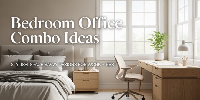 Bright, neutral-toned bedroom with a large window, upholstered bed, and spacious wooden desk featuring a lamp, plant, and chair, illustrating a stylish small bedroom office combo idea.