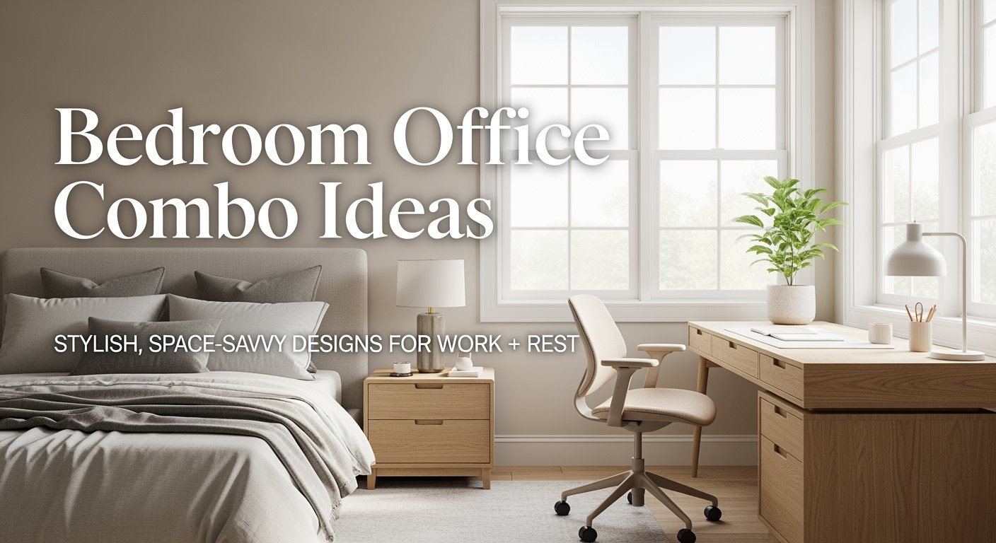 Bright, neutral-toned bedroom with a large window, upholstered bed, and spacious wooden desk featuring a lamp, plant, and chair, illustrating a stylish small bedroom office combo idea.