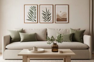 Neutral living room with a beige sofa, green throw pillows, wooden coffee table with a vase of greenery, and three framed botanical prints above, creating a soft aesthetic apartment decor.