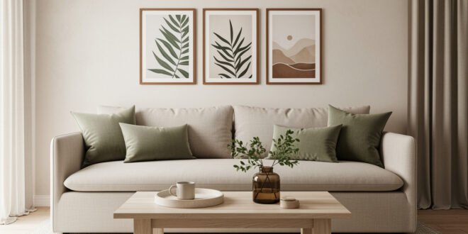 Neutral living room with a beige sofa, green throw pillows, wooden coffee table with a vase of greenery, and three framed botanical prints above, creating a soft aesthetic apartment decor.