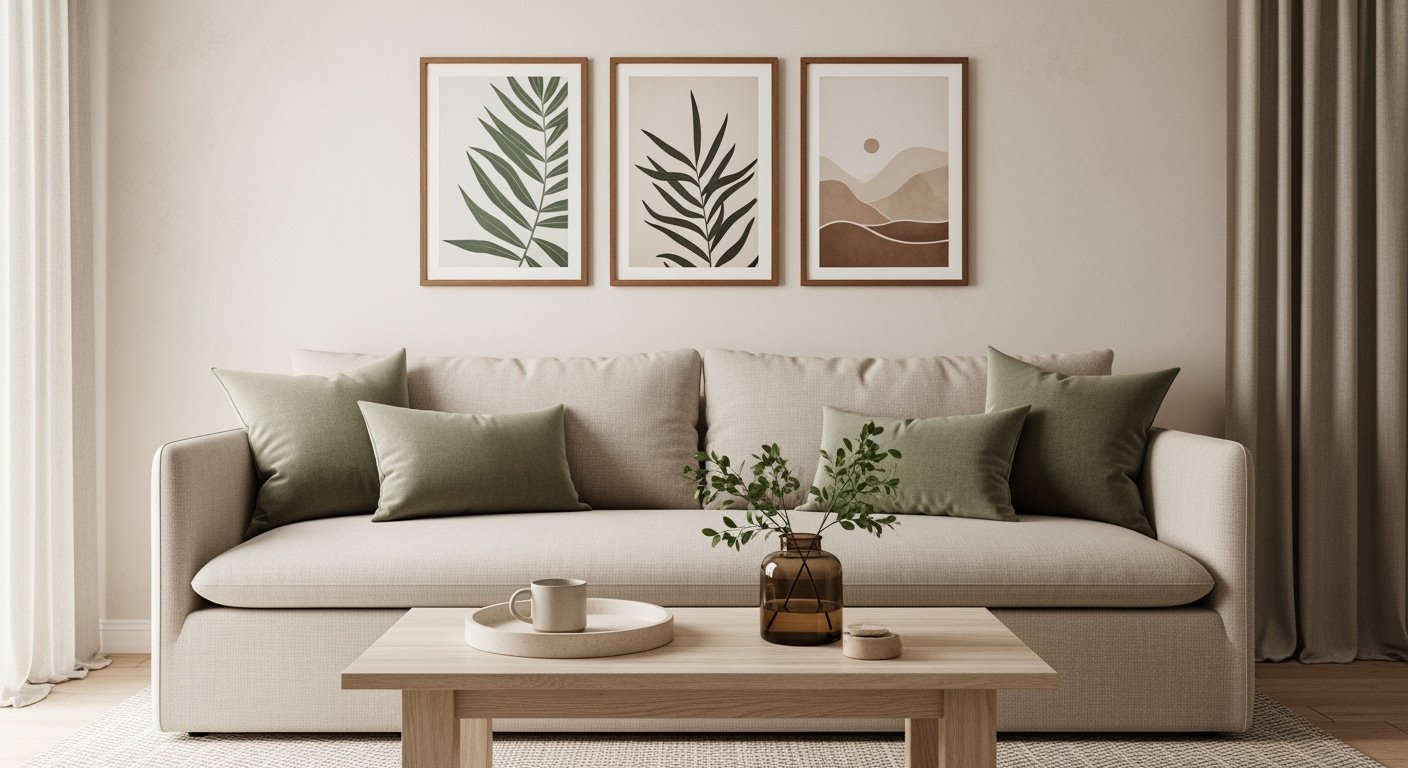 Neutral living room with a beige sofa, green throw pillows, wooden coffee table with a vase of greenery, and three framed botanical prints above, creating a soft aesthetic apartment decor.