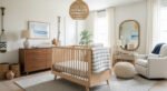 Dreamy Nursery Bedrooms: Baby Nursery Ideas for Boy Coastal-inspired baby nursery with light wood crib, woven accents, a striped blanket, and calming ocean artwork for a serene and dreamy nursery bedroom.