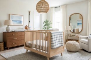 Coastal-inspired baby nursery with light wood crib, woven accents, a striped blanket, and calming ocean artwork for a serene and dreamy nursery bedroom.