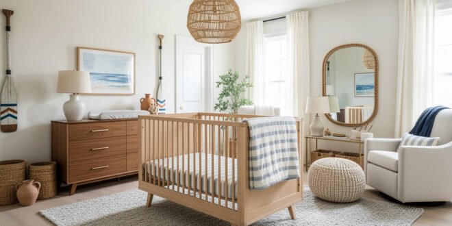 Coastal-inspired baby nursery with light wood crib, woven accents, a striped blanket, and calming ocean artwork for a serene and dreamy nursery bedroom.