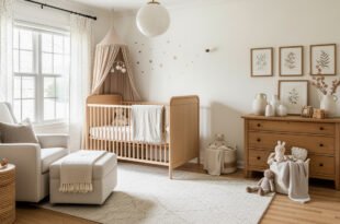 Cozy neutral nursery with a wooden crib under a canopy, a cushioned armchair, dresser with decor, and soft plush toys, creating a warm dreamy nursery bedroom.