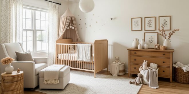 Cozy neutral nursery with a wooden crib under a canopy, a cushioned armchair, dresser with decor, and soft plush toys, creating a warm dreamy nursery bedroom.