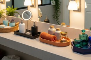 A well-lit bathroom countertop featuring multiple bathroom trays, each styled with items like rolled towels, soap dispensers, candles, perfume bottles, and greenery for a spa-like decor setup.