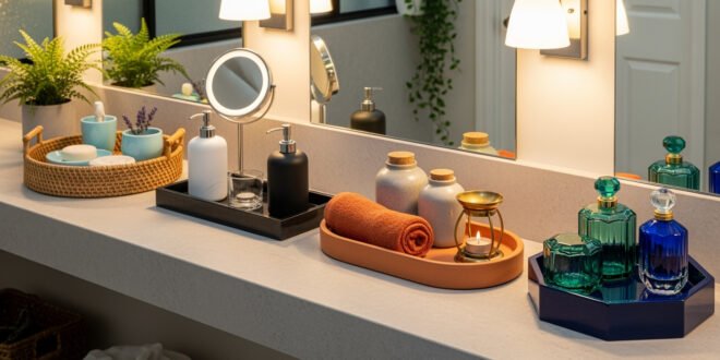 A well-lit bathroom countertop featuring multiple bathroom trays, each styled with items like rolled towels, soap dispensers, candles, perfume bottles, and greenery for a spa-like decor setup.