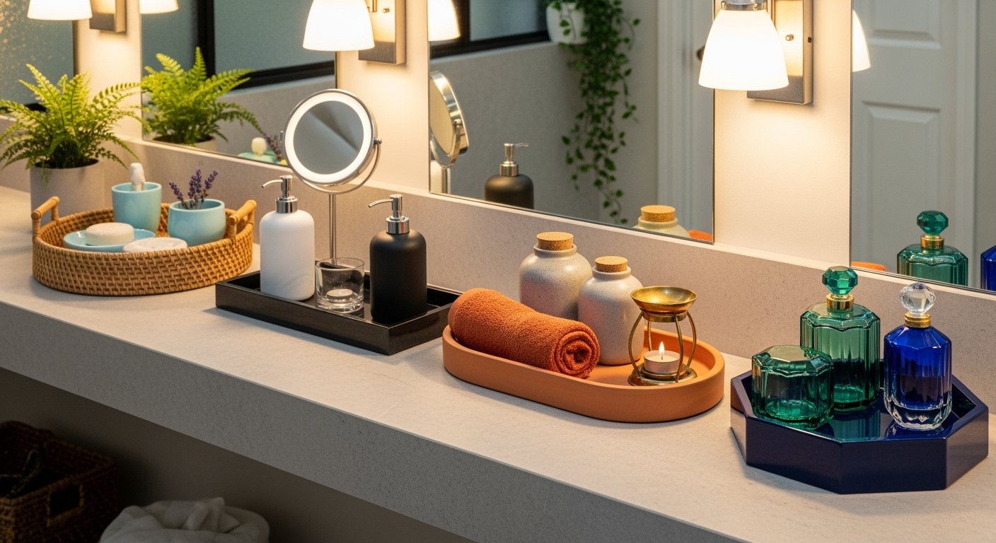 A well-lit bathroom countertop featuring multiple bathroom trays, each styled with items like rolled towels, soap dispensers, candles, perfume bottles, and greenery for a spa-like decor setup.