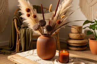 A terracotta vase filled with pampas grass and dried botanicals sits on a wooden coffee table beside a lit candle, creating a warm boho fall decor vibe.