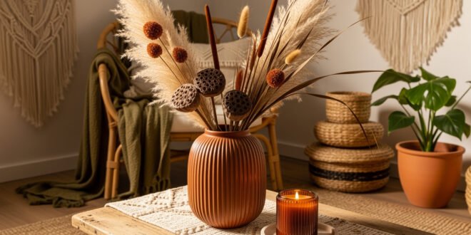 A terracotta vase filled with pampas grass and dried botanicals sits on a wooden coffee table beside a lit candle, creating a warm boho fall decor vibe.
