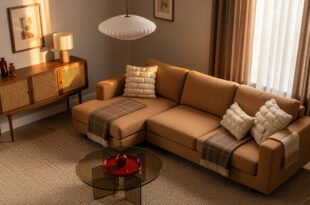Cozy living room featuring a light brown sectional sofa with textured throw pillows and neutral plaid blankets, complemented by a glass coffee table, mid-century wood credenza, and warm natural lighting—capturing a warm brown apartment aesthetic.