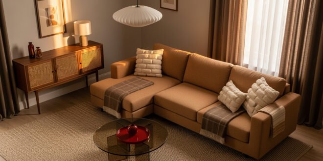 Cozy living room featuring a light brown sectional sofa with textured throw pillows and neutral plaid blankets, complemented by a glass coffee table, mid-century wood credenza, and warm natural lighting—capturing a warm brown apartment aesthetic.