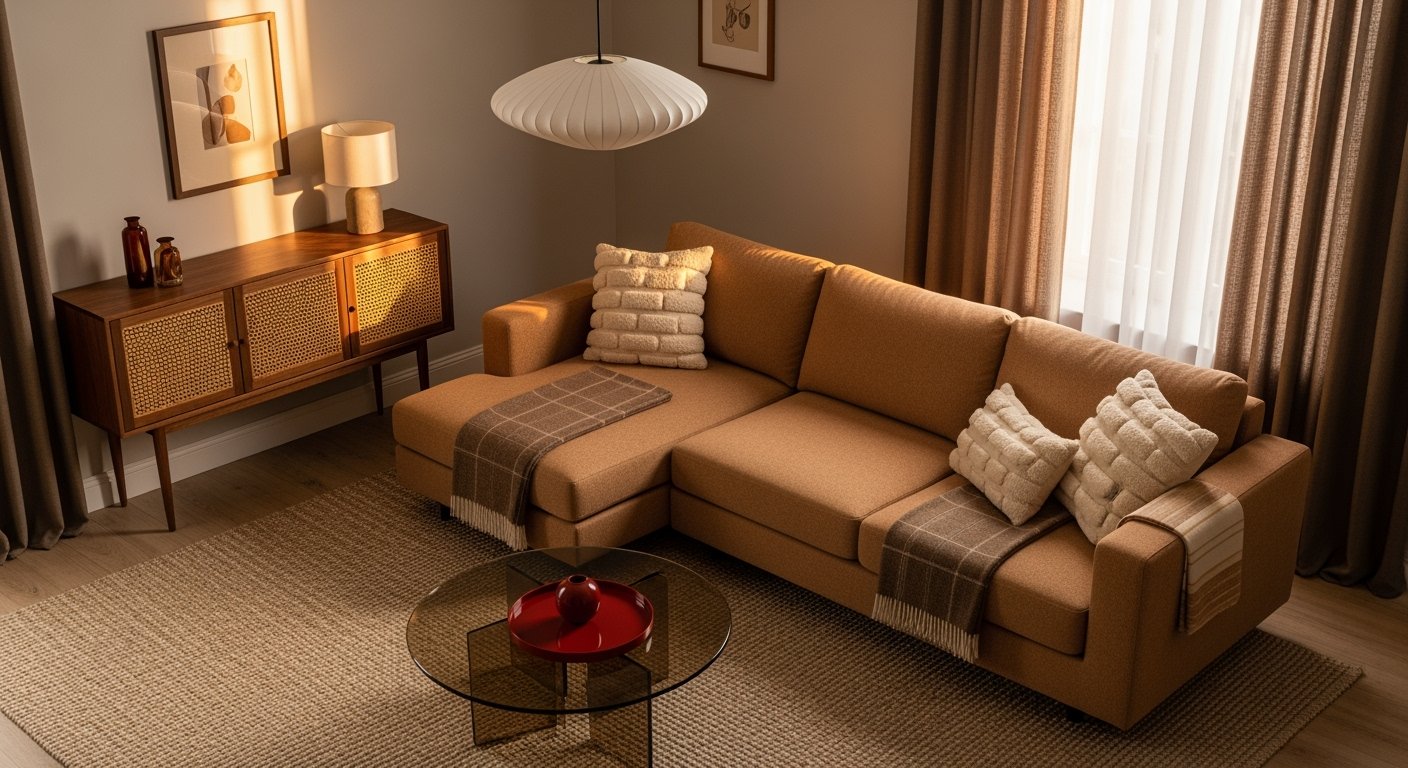 Cozy living room featuring a light brown sectional sofa with textured throw pillows and neutral plaid blankets, complemented by a glass coffee table, mid-century wood credenza, and warm natural lighting—capturing a warm brown apartment aesthetic.