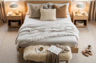 Soft neutral-toned cozy bedroom with a neatly made bed layered in cream bedding, textured knit pillows, and a plush bench topped with an open book, tea cup, and throw blanket.