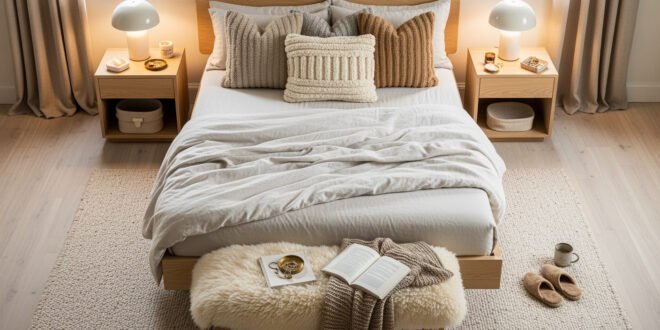 Soft neutral-toned cozy bedroom with a neatly made bed layered in cream bedding, textured knit pillows, and a plush bench topped with an open book, tea cup, and throw blanket.