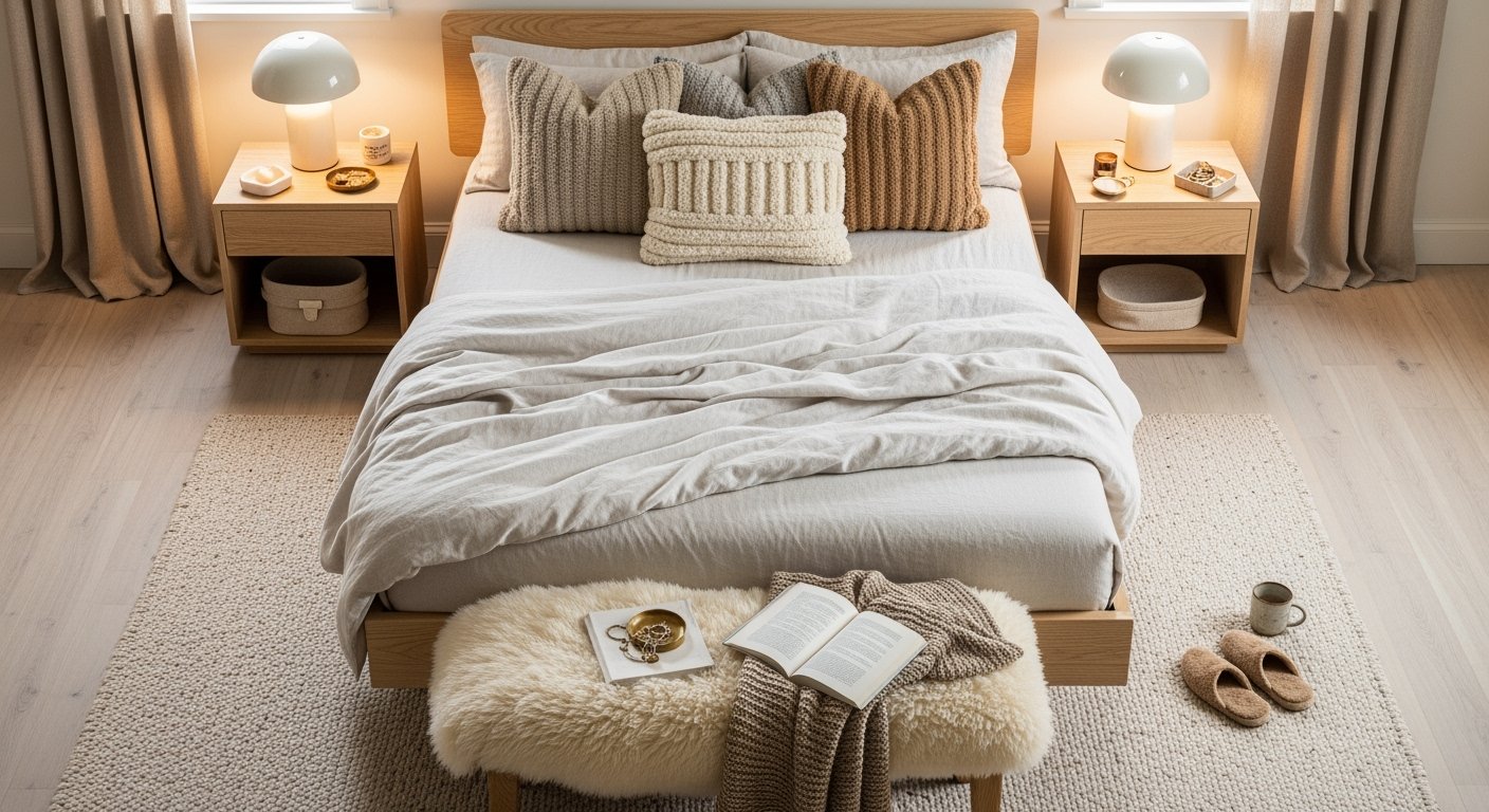 Soft neutral-toned cozy bedroom with a neatly made bed layered in cream bedding, textured knit pillows, and a plush bench topped with an open book, tea cup, and throw blanket.
