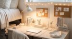 Cozy dorm desk organization with soft white decor, corkboards, books, and string lights beside a neatly made bed.