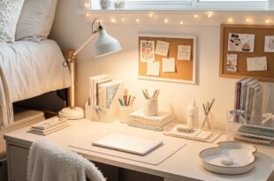 Cozy dorm desk organization with soft white decor, corkboards, books, and string lights beside a neatly made bed.