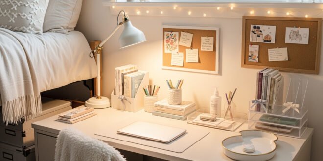 Cozy dorm desk organization with soft white decor, corkboards, books, and string lights beside a neatly made bed.