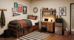 Dorm Room Ideas for Guys That Feel Grown Cozy dorm bedroom glow-up with a raised twin bed, layered pillows, burnt orange throw, striped rug, and a wood desk setup featuring a lit lamp, books, and a small fridge with microwave.