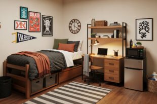 Cozy dorm bedroom glow-up with a raised twin bed, layered pillows, burnt orange throw, striped rug, and a wood desk setup featuring a lit lamp, books, and a small fridge with microwave.