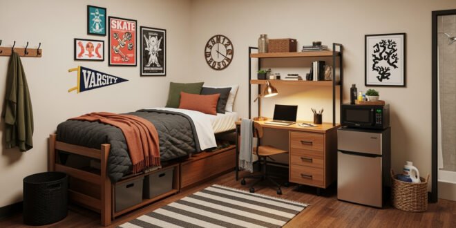Cozy dorm bedroom glow-up with a raised twin bed, layered pillows, burnt orange throw, striped rug, and a wood desk setup featuring a lit lamp, books, and a small fridge with microwave.