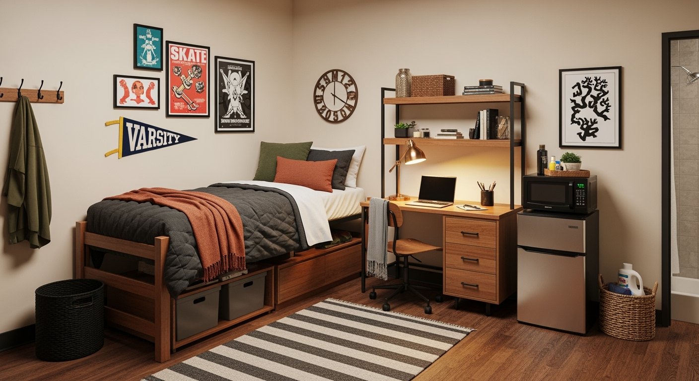 Cozy dorm bedroom glow-up with a raised twin bed, layered pillows, burnt orange throw, striped rug, and a wood desk setup featuring a lit lamp, books, and a small fridge with microwave.