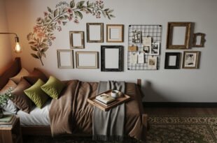Cozy dorm bedroom glow-up with a wooden bed, green and brown pillows, floral wall décor, and a gallery wall of empty frames and photos above the headboard.