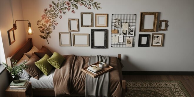 Cozy dorm bedroom glow-up with a wooden bed, green and brown pillows, floral wall décor, and a gallery wall of empty frames and photos above the headboard.