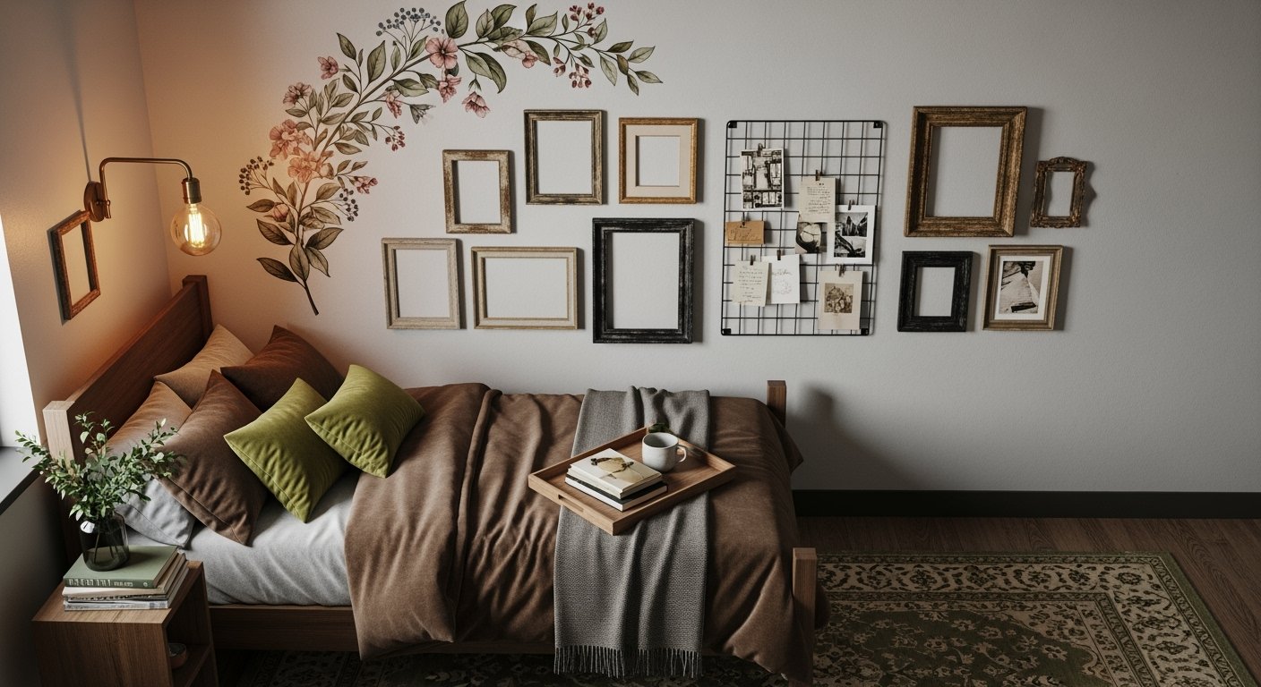 Cozy dorm bedroom glow-up with a wooden bed, green and brown pillows, floral wall décor, and a gallery wall of empty frames and photos above the headboard.
