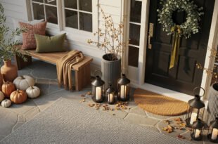 Modern fall porch with stone steps, potted greenery, glowing lanterns, and a tray of pinecones and gourds scattered among autumn leaves.