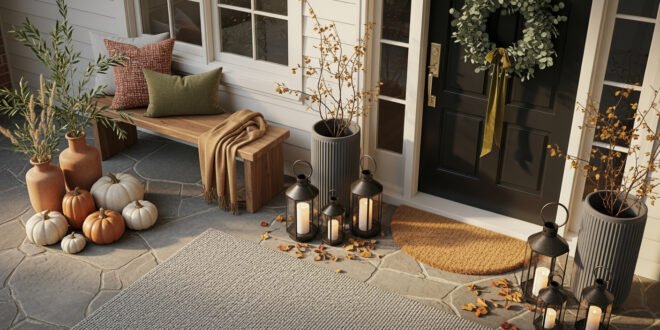 Modern fall porch with stone steps, potted greenery, glowing lanterns, and a tray of pinecones and gourds scattered among autumn leaves.